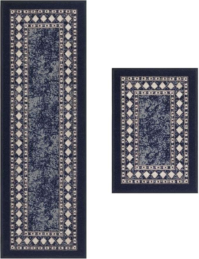 Antep Rugs Alfombras Modern Bordered 2pc Non-Skid (Non-Slip) Low Profile Pile Rubber Backing Indoor Kitchen Runner Rugs (Navy Blue, 2pc Set)