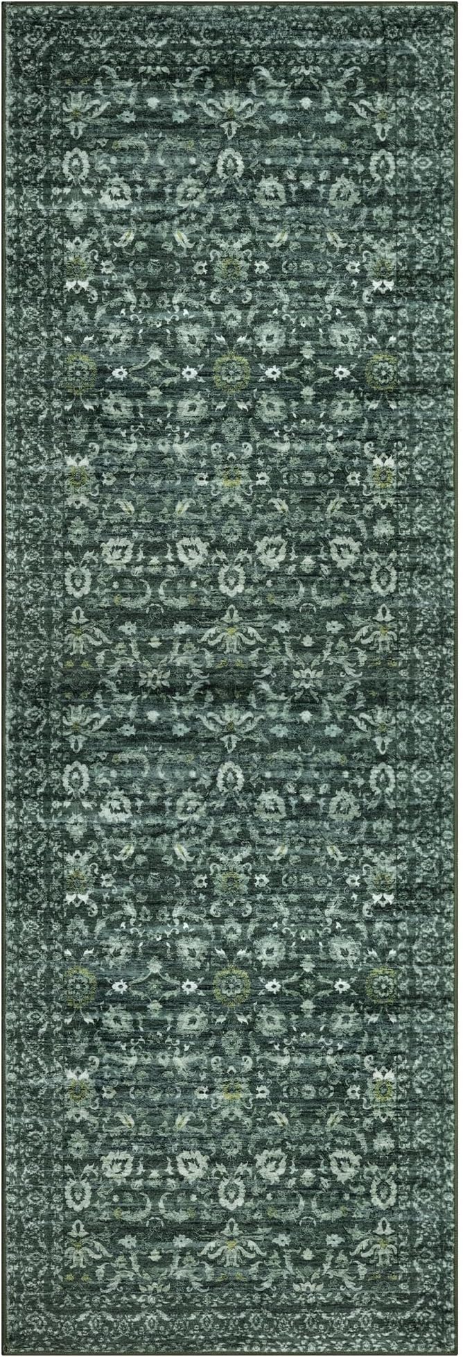 Vintage Runner Rug 2x12, Dark Green Washable Long Kitchen Runner Non-Slip Floral Soft Hallway Rug Runner Thin Print Faux Wool Carpet for Entryway Bedroom Laundry Room Indoor Home Decor