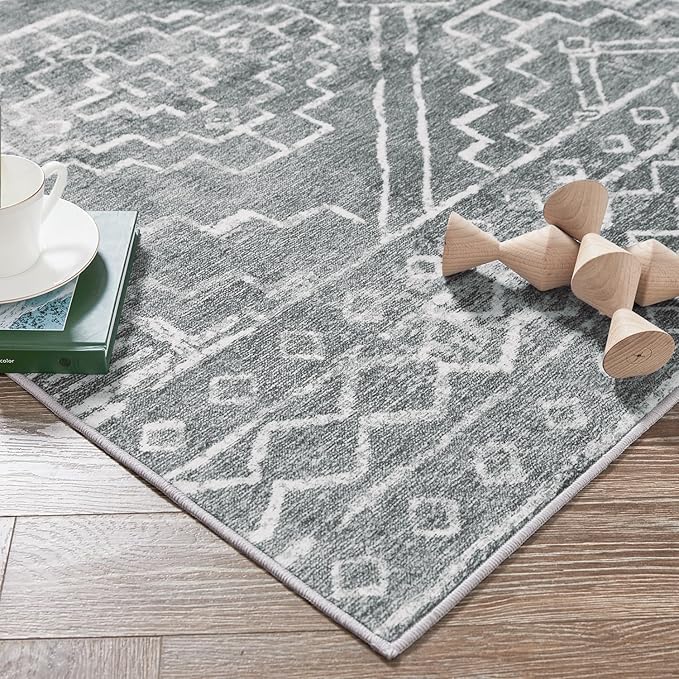 jinchan Moroccan 5x7 Area Rugs for Bedroom - Machine Washable Soft Modern Geometric Stain Resistant Non-Slip Ultra-Thin Low-Pile Faux Wool Carpet for Living Room Kitchen Dining Room (5x7ft,Dark Grey)