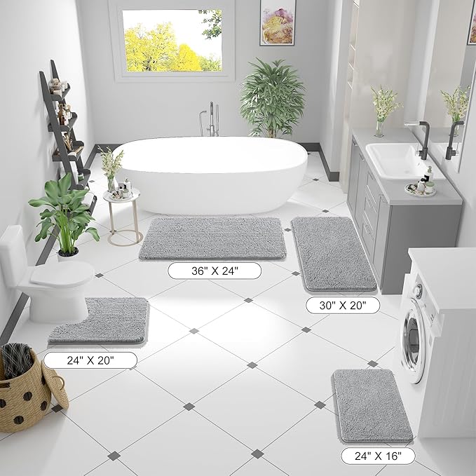 OLANLY Bathroom Rugs 50x30, Extra Soft Absorbent Chenille Bath Rugs, Rubber Backing Quick Dry, Machine Washable Bath Mats for Bathroom Floor, Tub and Shower, Home Decor Accessories, Light Grey
