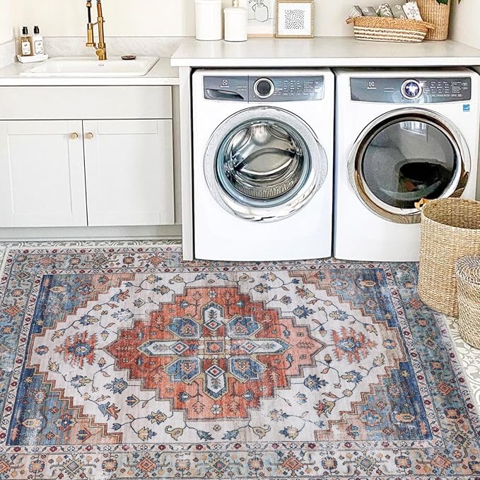 COMSLE Area Rug 4x6 Faux Wool Rugs for Kitchen, Boho Washable Throw Rugs Non-Slip Distressed Carpet Soft Accent Floor Rug for Bedroom, Living Room, Laundry Room (Rust Red)