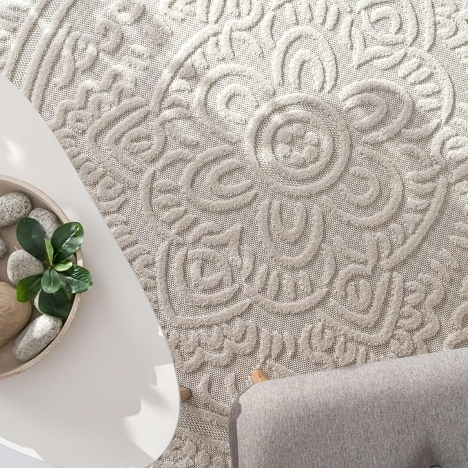 Paco Home Modern in- and Outdoor Rug with Carved Oriental Mandala Pattern in Cream, Size: 6'7" x 9'6"