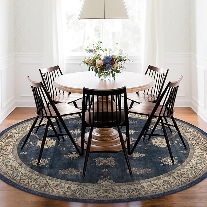 RUGGABLE Washable Vintage Area Rug – Verena Sapphire 8 ft Round, Stain-Resistant, Non-Slip – Large Machine Washable Rugs for Living Room, Bedroom, Hallway, Entryway & Office–with Cushioned Pad