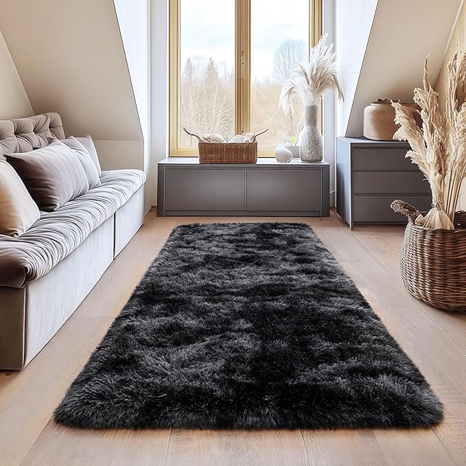 Shaggy Soft Fluffy Rug Plush Rugs Non-Slip Indoor Floor Carpet for Living Room Anti-Skid Indoor Carpet Tie-Dyed Black Grey 2x6Feet