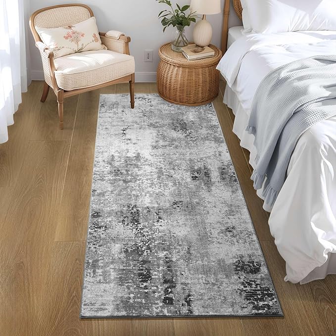 Ompaa Non Slip, Washable, Soft Abstract Long Carpet Runner Rug with Rubber Backing for Hallways, Kitchen, Bedroom, Bathroom, Entryway, Grey, 2x6 ft