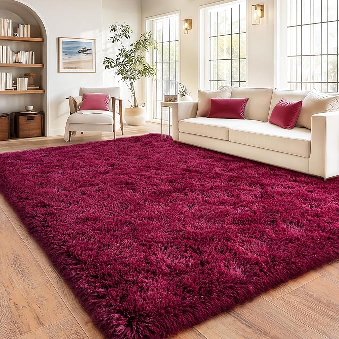 Burgundy Plush Rug for Living Room Fuzzy Carpet for Bedroom Dorm, Non-Slip High Pile Rug, Shag Rug for Playroom Nursery Home Office Decor 8X10 Ft