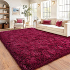 Burgundy Plush Rug for Living Room Fuzzy Carpet for Bedroom Dorm, Non-Slip High Pile Rug, Shag Rug for Playroom Nursery Home Office Decor 8X10 Ft