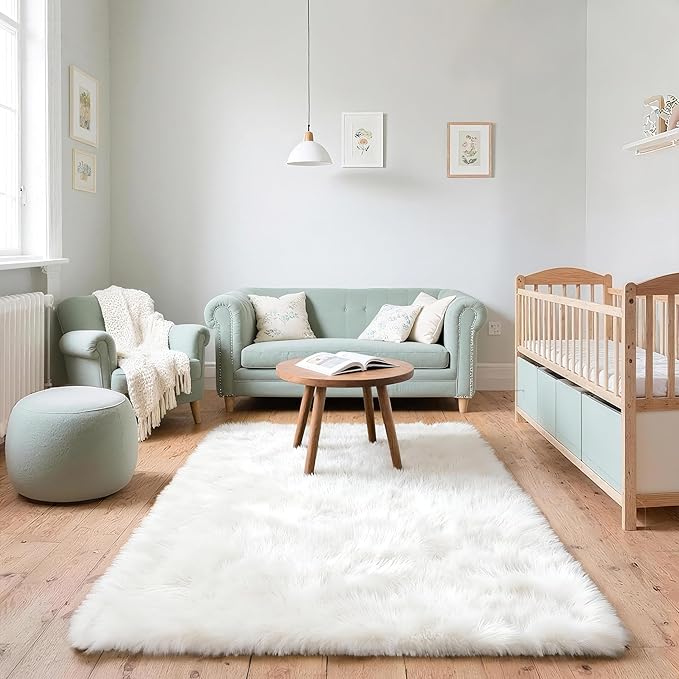 3x5 Solid Fluffy White Area Rug – Washable, Durable, Living Room Rug, Non-Slip High Pile Shag Rugs for Bedroom, Living Room, Bedside, Dorms, Nursery Rooms, Kids Room, Soft Indoor Floor Carpet