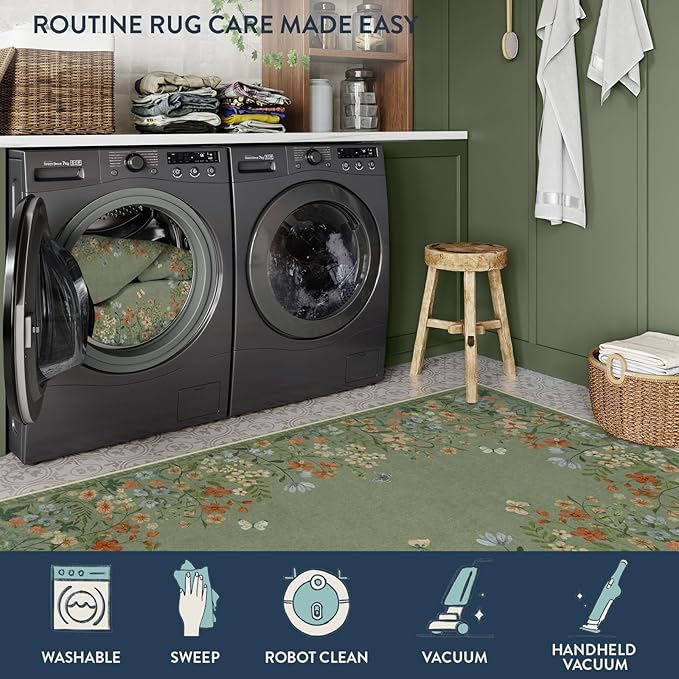 Lahome Boho Floral 2'6"x8 Green Washable Hallway Kitchen Runner Rug, Non Skid Bathroom Carpet Runners, Soft Non-Slip Indoor Rug Runners for Entryway Laundry Bedroom(Green,2'6"x8)