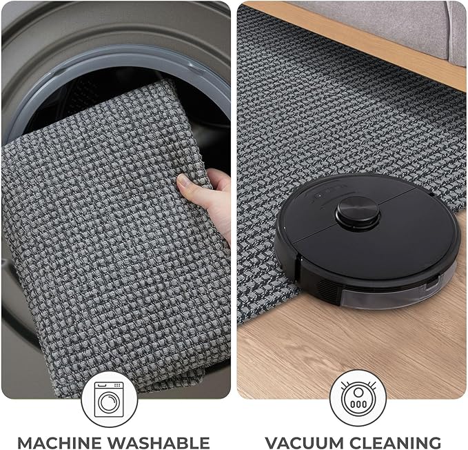 KOZYFLY Runners for Hallways 2x8 ft Washable Kitchen Runner Non Slip Rubber Backed Hall Runners Cotton Entryway Runner Rugs Floor Carpet for Indoor Backdoor Bedroom Kitchen, Grey/Dark Grey