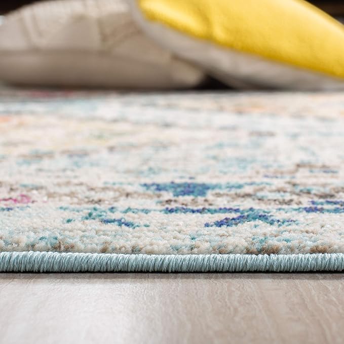 SAFAVIEH Madison Collection Area Rug - 6'7" Round, Blue & Yellow, Boho Diamond Distressed Design, Non-Shedding & Easy Care, Ideal for High Traffic Areas in Living Room, Bedroom (MAD418K)