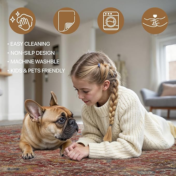 2x5 Runner Rug Machine Washable Boho Runners for Hallway,Ultra-Thin Low Pile Rug,Lightweight Indoor Carpet,Non Slip Floral Runners for Enrtyway, Corridor, Home Office, Kitchen,Burgundy Red