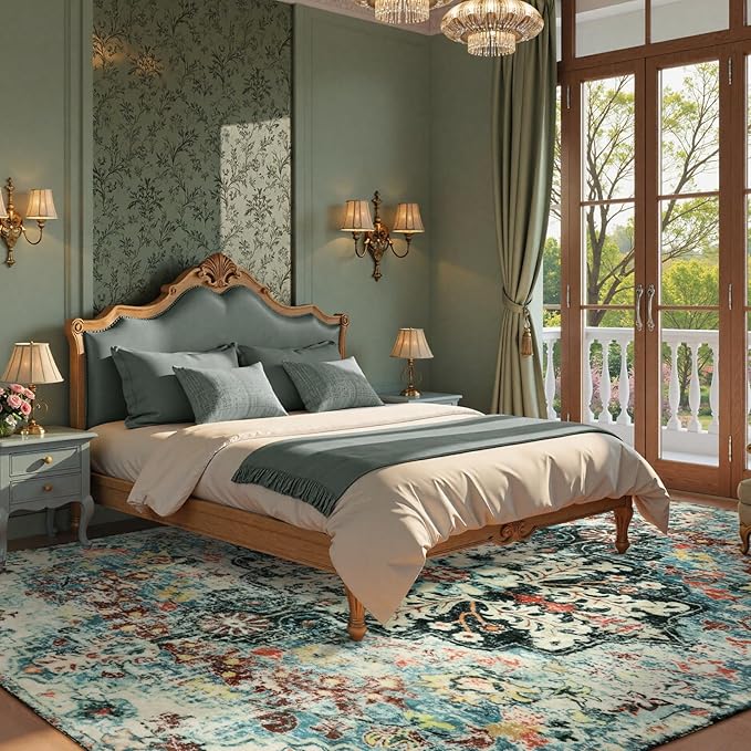 Lahome Area Rugs 9x12 Living Room Boho Washable Rugs 9x12,Large Boho Rugs for Bedroom Dining Room,Floral Soft Non-Slip Printed Low Pile Throw Indoor Floor Carpet for Nursery Kids Playroom(9x12ft,Teal)