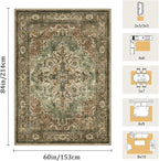 5x7 Machine Washable Area Rug for Living Room, Brown Green Boho Vintage Floral Rug Large Non-Slip Low Pile Soft Faux Wool Carpet, Kids and Pets Friendly for Bedroom Dining Room Farmhouse Decor Rug