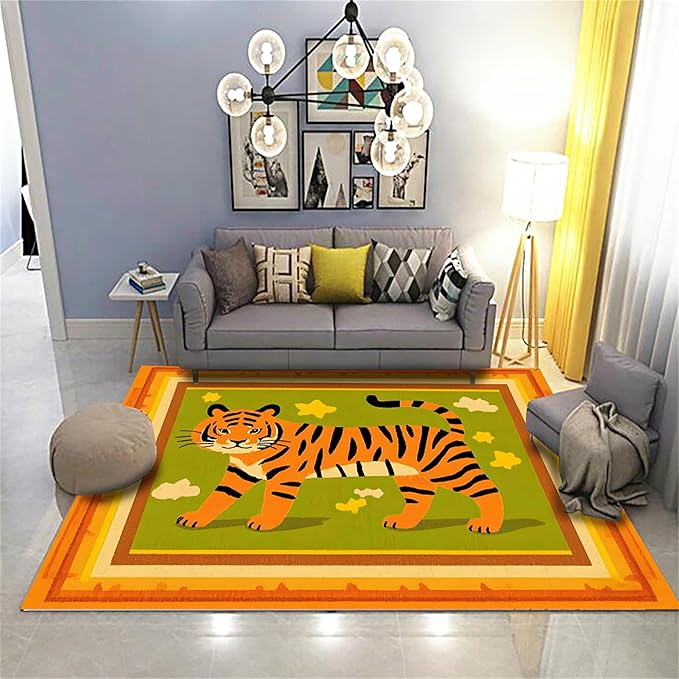Tiger Rugs for Living Room，5x8ft,Modern Minimalist Style Orange Tiger Rug Suitable for Children's Room，Machine Washable Cute Tiger Rug for Boys and Girls Bedroom Farmhouse Restaurant