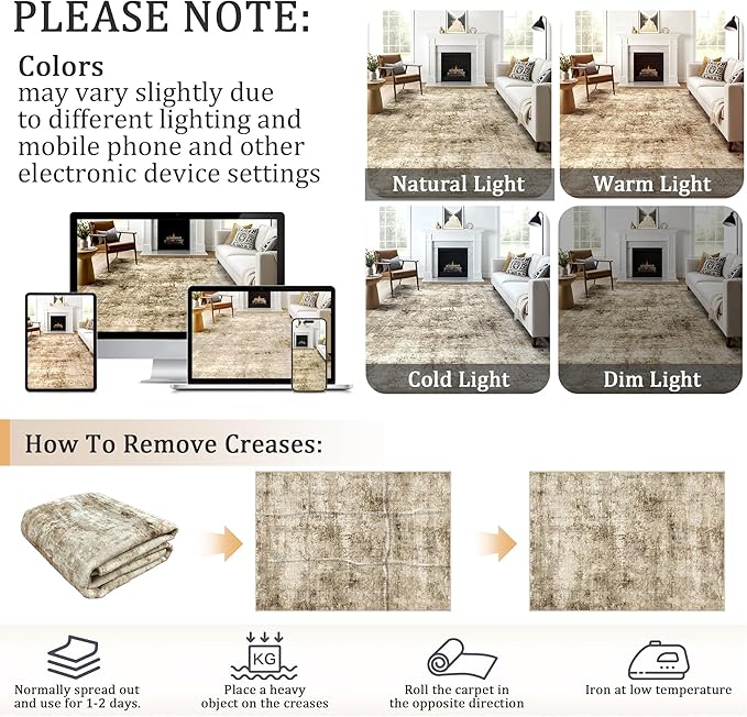 4x6 Machine Washable Area Rug for Living Room, Brown Modern Vintage Abstract Rug Large Non-Slip Low Pile Soft Faux Wool Carpet, Kids and Pets Friendly for Bedroom Dining Room Farmhouse Home Decor Rug