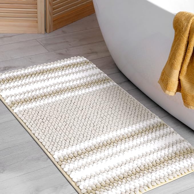 PiccoCasa Chenille Bathroom Rug, Soft Fluffy Absorbent Bath Mat, Medium Pile Striped Carpet Washable Non Slip Bathroom Floor Mats(20"x32",Khaki & White)