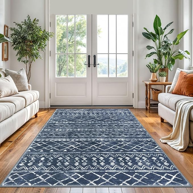 KUTA Area Rug 5x7 Navy Blue, Washable Boho Large Living Room Moroccan Rugs Non-Slip, Ultra Soft Geometric Traditional Farmhouse Carpet for Dining Room Bedroom Dorm Office Home Décor