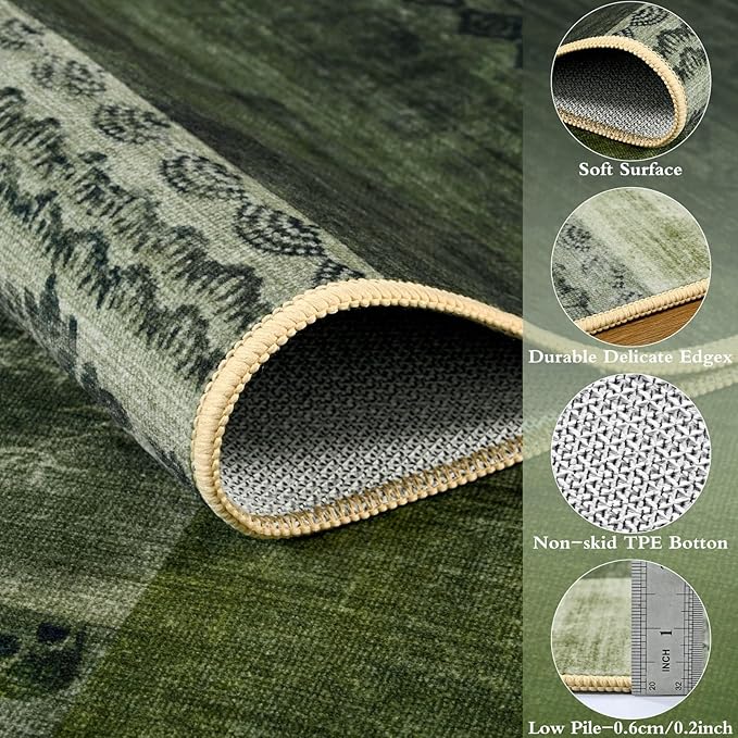 DweIke Washable Area Rugs for Living Room, 6x9 Large Bedroom Rugs, Geometric Print Non Slip Low Pile Indoor Throw Carpets for Bedroom Apartment Dining Room Home Office Hardwood Floor, Green