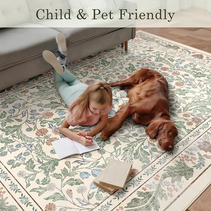 Beige Floral 8x10 Area Rugs for Living Room Large Washable Rug Vintage Forest Low Pile Non Slip Stain Resistance Soft Carpet for Dining Room, Bedroom, Office Rug, Kids Room, Nursery Room, Playroom