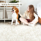 Vintage Living Room Area Rug - 9x12 Large Machine Washable Boho Area Rug Distressed Floral Rugs for Bedroom, Soft Non-Slip Indoor Floor Accent Rugs for Office Dining Room (Cream Beige, 9'x12')
