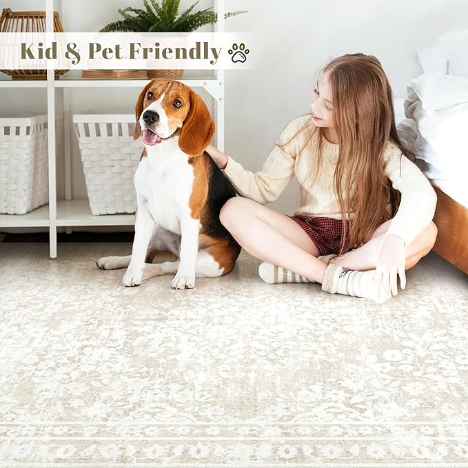Vintage Living Room Area Rug - 9x12 Large Machine Washable Boho Area Rug Distressed Floral Rugs for Bedroom, Soft Non-Slip Indoor Floor Accent Rugs for Office Dining Room (Cream Beige, 9'x12')