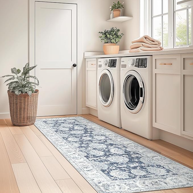 jinchan Fiora Runner Rug 2x5 Machine Washable Hallway Rug Dark Blue Vintage Floral Print Non-Slip Low Pile Ultra-Thin for Kitchen, Entryway, Laundry Room, Bedroom, Farmhouse (2‘x5’, Dark Blue)