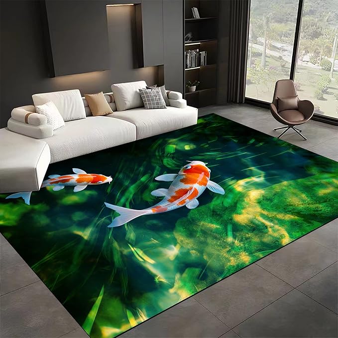 Green Pond Koi Fish Area Carpet, 5x6ft, 3D Realistic Underwater Koi Printed Carpets, Chinese Natural Landscape Soft Low Pile Rug, with Non Slip Backing Pet Friendly Rugs for Entryway