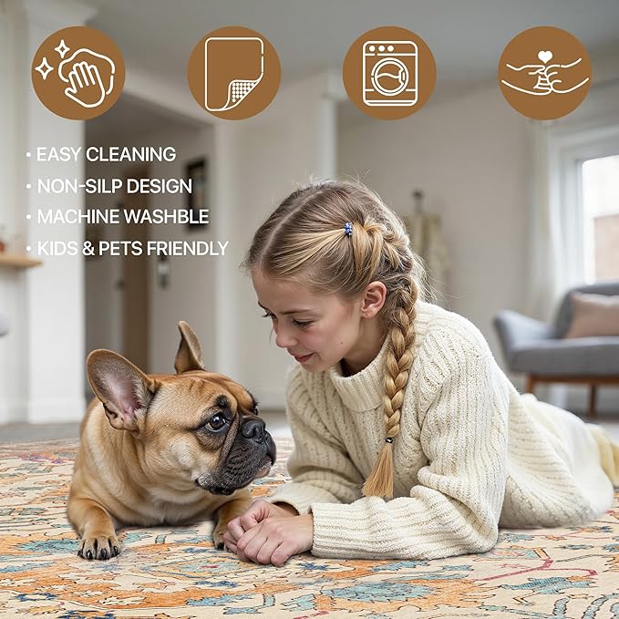 Bavni Area Rug 3x5, Non-Slip Washable Rugs for Living Room Office, Boho Distressed Printed Rug, Low Pile Foldable Decorative Carpet for Bedroom Kitchen Office, Turmeric