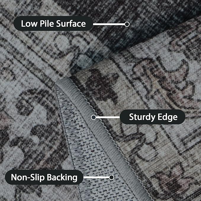 GENIMO Machine Washable 8x10 Area Rugs for Living Room, Non Slip Vintage Rugs, Low Pile Lightweight Chenille Print Rug for Bedroom, Dining Room, Home Office, Charcoal