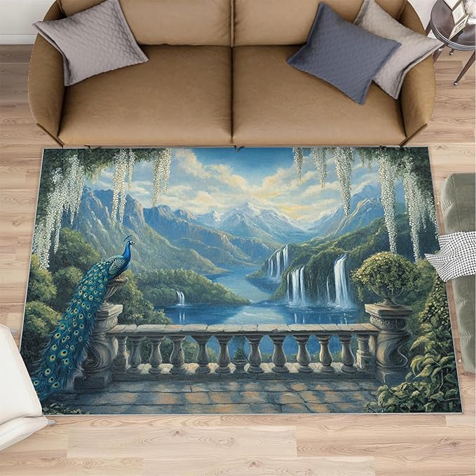 Peacock Rug Small - 3x4 Rug, Peacock Decor Washable Rugs for Living Room, Nature Waterfall Carpet, Natural Landscapes Non-Slip Area Rugs for Bedroom, Aesthetics Carpet - Peafowl Home Decor & Gifts