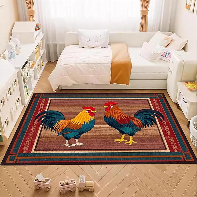 Rustic Rooster Area Rug，6x8ft,The Colorful Rooster Rug in A Farmhouse Style Adds Natural Vitality to Your Home，Soft and Comfortable Easy to Clean Carpet Suitable for Living Room Bedroom Kitchen
