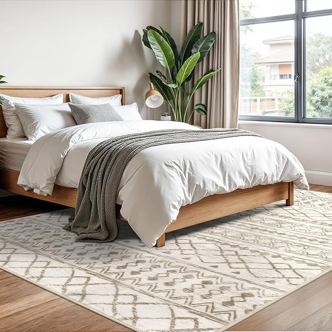 KUTA 6x9 Boho Living Room Rugs, Moroccan Washable Kitchen Rug Non Slip, Beige Ultra Soft Print Distressed Geometric Low-Pile Throw Carpet for Bedroom Nursery Dorm Decor
