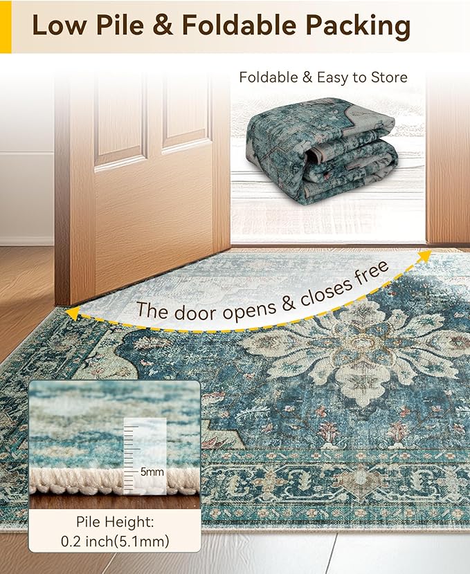 Area Rugs 2'x4' Washable Non-Slip, Floral Vintage Distress Print Pattern Medallion Carpet for Living Room Bedroom Dining Room, Dark Blue Vintage
