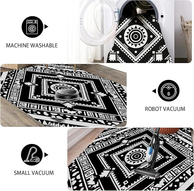 Area Rugs for Living Room 3x4, Moroccan Washable Low Pile Rug, Boho Neutral Farmhouse Ultra Soft Carpet for Bedroom Dining Room Home Decor, Geometric Print Tribal Carpets Black and White