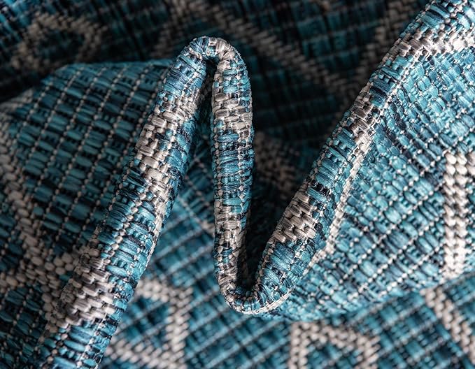 Unique Loom Outdoor Trellis Collection Area Rug - Tribal Trellis (2' x 8' Runner, Teal/ Ivory)