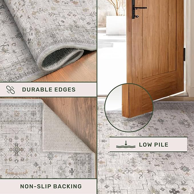 Geometric 3x20 Wide Hallway Runner - Light Gray with Taupe Accent, Boho Floral Pastel Decor, Washable Low Pile Non Slip Stain Resistant Rug for Long Kitchen, Hall Way