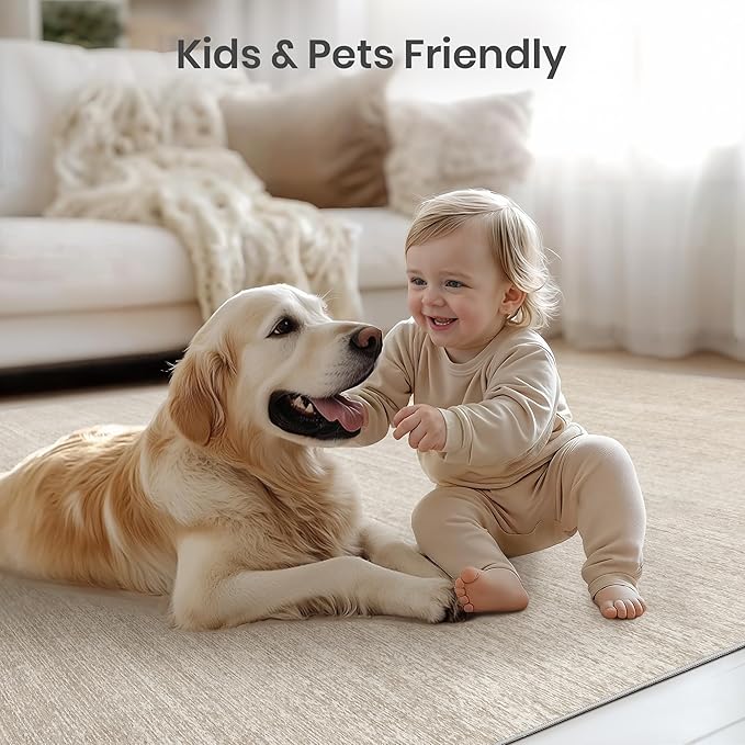 Valenrug Washable Rugs 8x10 - Stain Resistant 8x10 Area Rugs for Living Room, Non Slip Backing Printed Large Area Rugs for Bedroom, Folable Machine Washable Area Rug (8'x10', Beige)
