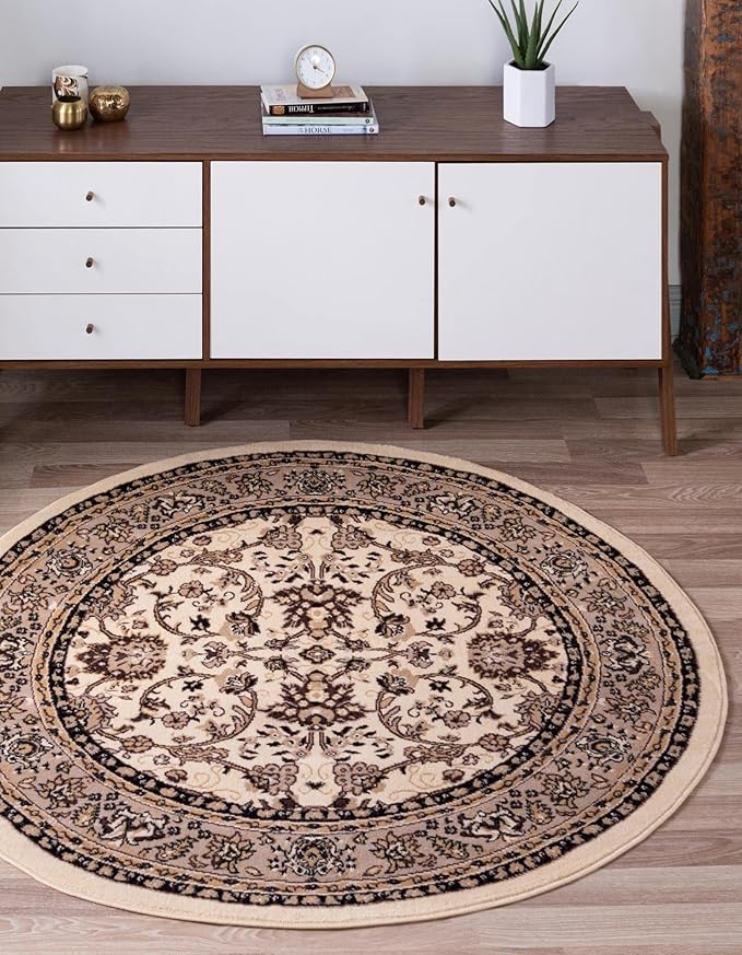 Unique Loom Sialk Hill Collection Area Rug - Washington (5' 1" Round Ivory/Black)