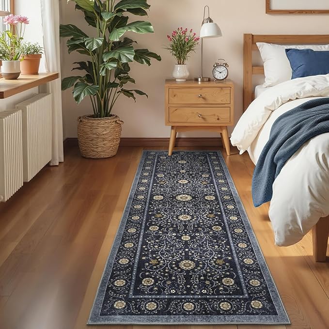 GarveeHome Boho 2x6 Runner Rug for Hallways Non Slip, Vintage Botanical Kitchen Rugs Washable Area Rug for Entryway Stain Resistant, Low Pile Soft Runner Blue Carpet for Bedroom Floor Laundry Room