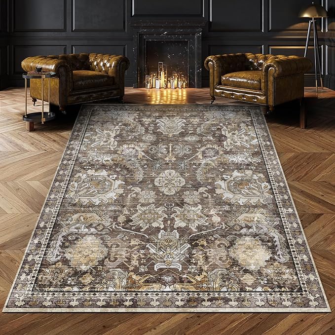 RUGSURE Washable Area Rugs - Perfect for Living Room, Bedroom, Kids Room, Nursery - Stain & Water Resistant Non-Slip, Pet & Child Friendly, Vintage Tribal Area Rugs (Ivory, 9' x 12')