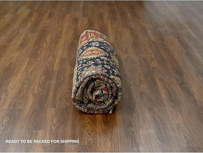 Carbon Black with Turkey Red Karjihooz Design with All Over Pattern Vegetable Dyes Pure Wool Soft Pile Hand Knotted Oriental Rug (9'x12')
