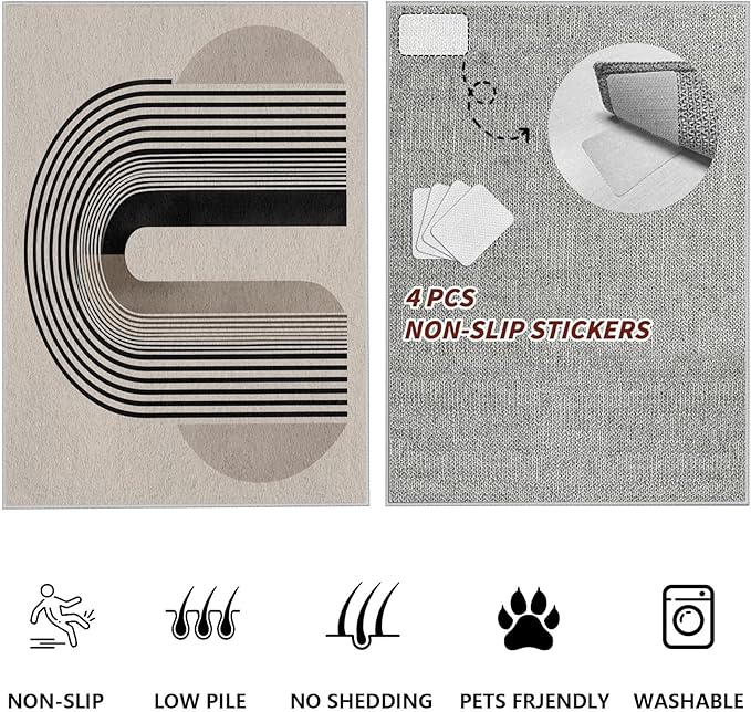 Modern Washable Rug for Living Room 2x3, Boho Abstract Striped Area Rugs, Soft Non Slip Low Pile Farmhouse Carpet for Bedroom Dining Room Kitchen, Stain Resistant, Pet Friendly, Beige Black