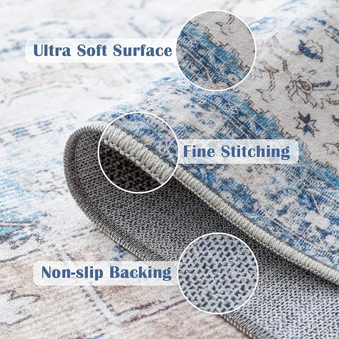 jinchan Kelda Runner Rug 2x5 Washable Rug Soft Hallway Runner Indoor Vintage Print Floor Cover Retro Distressed Lightweight Non-Slip Thin Carpet for Bathroom Kitchen Living Room Bedroom Blue