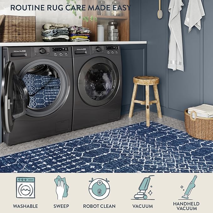 Lahome Moroccan Blue Rugs for Living Room Washable Rugs 8x10 Non-Slip Ultra-Thin Extra Large Area Rug Throw Stain Resistant Rug for Dining Room Table, Geometric Print Modren Rug for Bedroom Office
