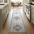 Phantoscope Washable Runner Rug 2'x10' Non-Slip, Vintage Boho Hallway Rugs for Entryway, Stair, Bedroom, Persian Floral Medallion Pattern, Low-Pile Foldable Floor Carpet, Ivory Blue/Garden Bloom