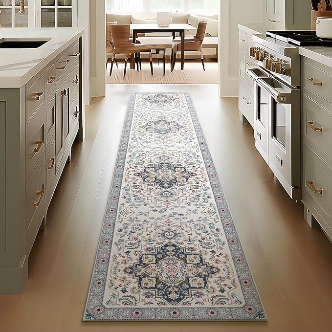 Phantoscope Washable Runner Rug 2'x10' Non-Slip, Vintage Boho Hallway Rugs for Entryway, Stair, Bedroom, Persian Floral Medallion Pattern, Low-Pile Foldable Floor Carpet, Ivory Blue/Garden Bloom
