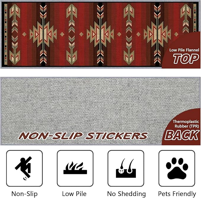 Red Arrow Runner Rug, 4x12ft Retro Geometric Hallway Runner Rug - Corridor & Busy Home Foyer Rugs, Washable Flannel Non-Slip Mat, Southwestern Tribe Decor Carpet for High-Traffic Areas