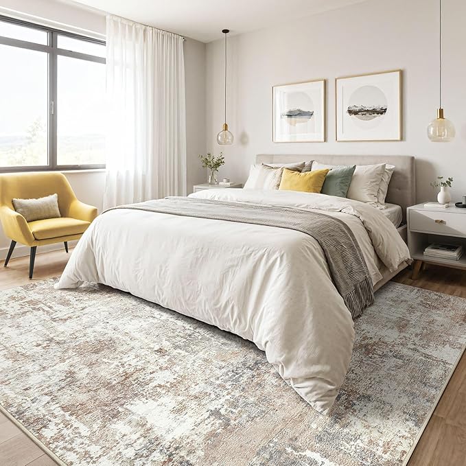 10x14Ft Area Rugs Living Room: Washable Large Abstract Modern Soft Rug Stain Resistant Indoor Floor Non Slip Accent Carpet for Bedroom Nursery Playroom Office Dining Room Dorm Home- Brown