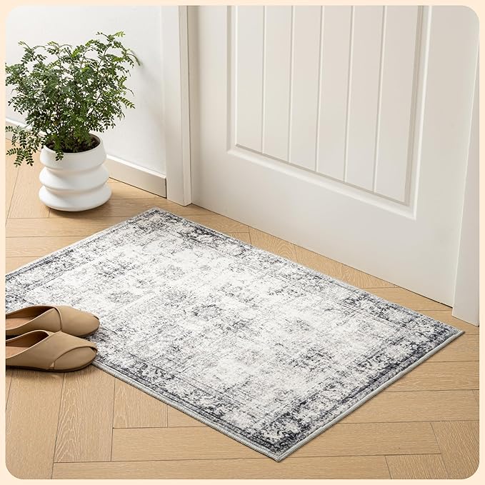 Istana Area Rug 2x4 - Grey & White Cream 2x4 Washable Rug Non Slip - Pet Friendly Living Room Rug - Non Shedding Washable Rugs for Bedroom - Foldable Bathroom Rugs